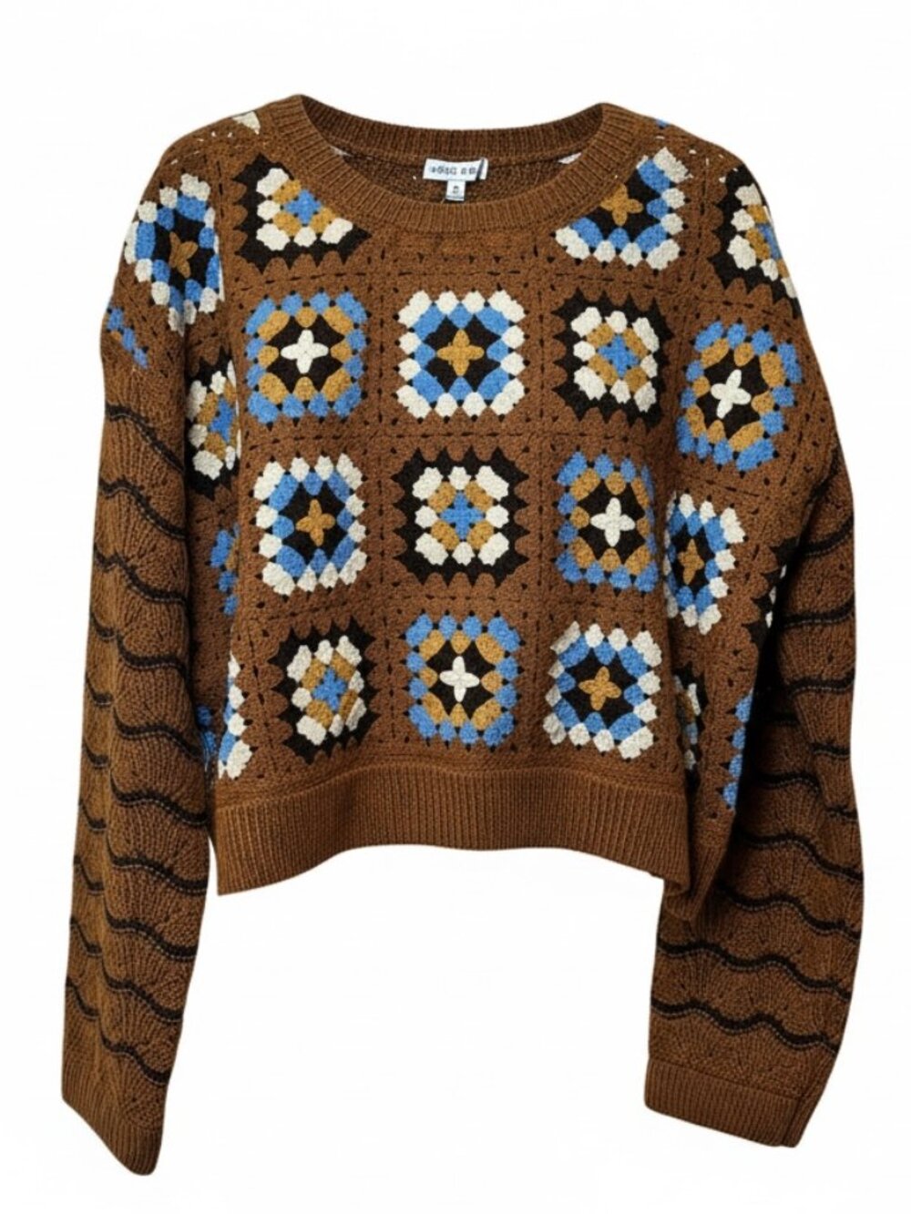 NWT Moon River Knit Sweater Granny Squares Long Sleeve Multi Color Brown Size M